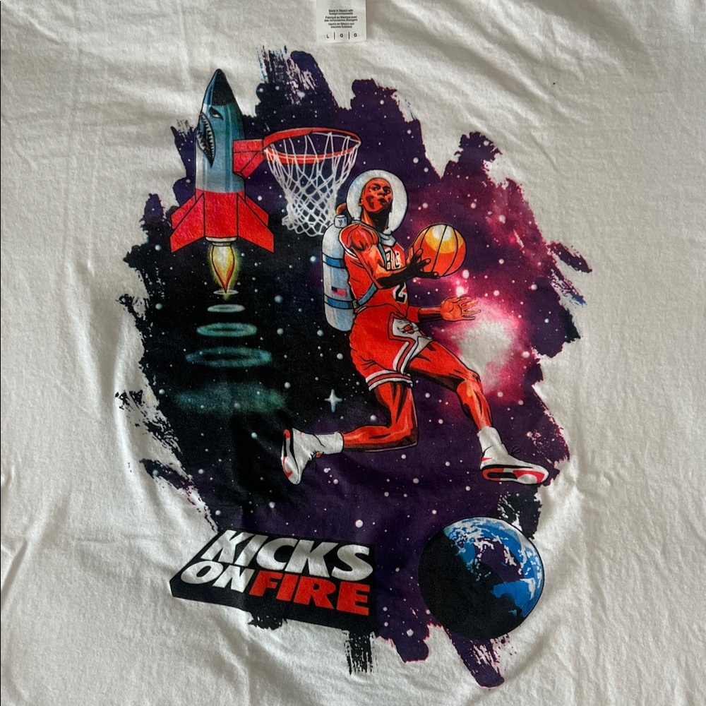 Kicks on Fire Men's White Graphic tee. Michael Jordan Space Dunk